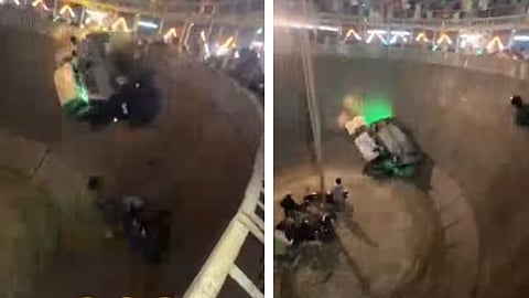 Two speeding cars collided inside a “Well of Death” stunt pit and fell down, triggering chaos as the shocking video went viral.