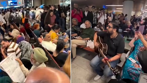 Amid an Indigo flight delay, a man’s guitar performance at Mumbai airport went viral, lifting the mood of frustrated passengers.
