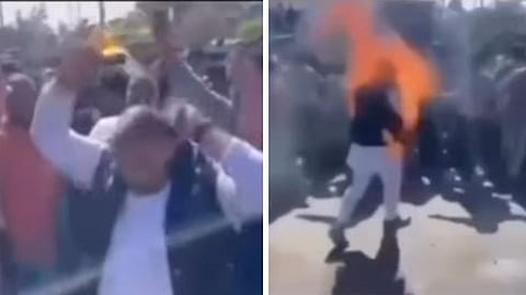 During a protest, a leader poured petrol on himself to hype the crowd, but someone threw a match, turning the scene into chaos.