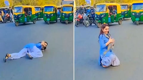 A schoolgirl’s road-side reel went viral, with users calling it dangerous and a serious violation of traffic rules.