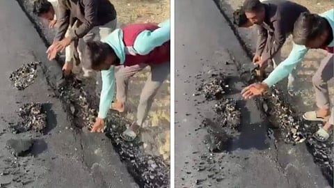 A viral video from Barmer shows a one-day-old road breaking by hand, sparking public outrage over poor construction quality and alleged corruption.