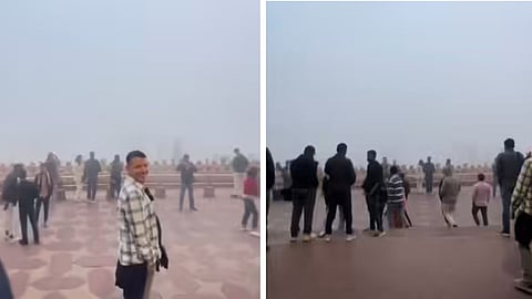 A viral video shows the Taj Mahal disappearing in dense fog, leaving tourists disappointed and social media amused.