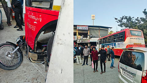 Shivaji Chowk Hingana Accident: हिंगना शिवाजी चौक पर ST बस का ब्रेक फेल होने से बस शॉपिंग कॉम्प्लेक्स में घुस गई। दो बाइक क्षतिग्रस्त, कोई जनहानि नहीं।