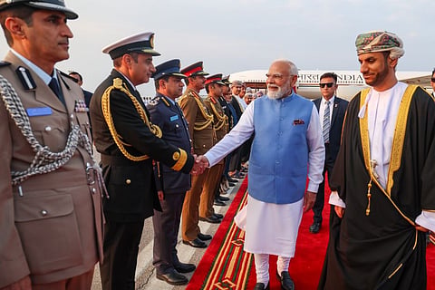 Prime Minister Narendra Modi arrived in Muscat for a two-day visit to Oman and received a grand welcome from the Indian community.