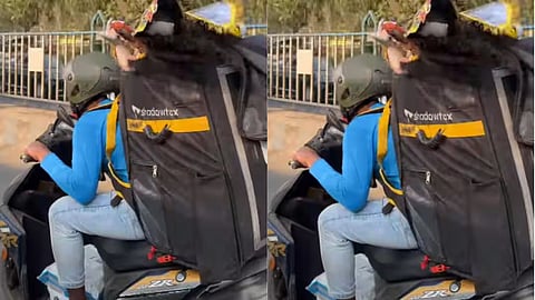 A viral video shows a delivery agent carrying a Saraswati idol in his delivery bag, leaving the internet amused.