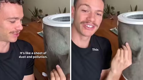 A viral video reveals the harsh reality of Delhi’s air pollution through a heavily clogged air purifier filter.