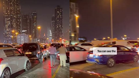 A viral video from Dubai’s Business Bay shows a woman stuck in traffic for over an hour, surprising social media users.