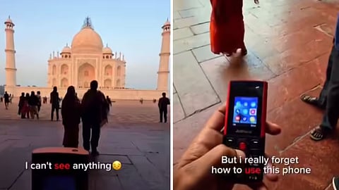 A video of a couple trying to take photos on a keypad phone at the Taj Mahal has gone viral, winning hearts for its simplicity and innocence.