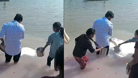 A viral video of a man pouring milk into a river while ignoring children has sparked a debate on faith and superstition.