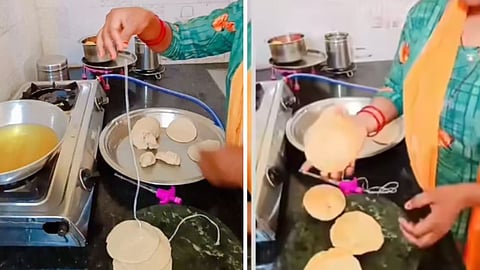 A viral Instagram video shows a unique hack of frying multiple pooris together using a string.