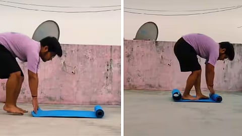 A funny viral video shows a man giving up on yoga after his yoga mat keeps folding and ruining his plan.