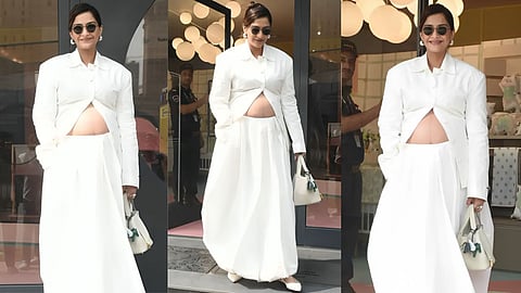 sonam kapoor flaunt baby bump white dress photos viral