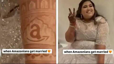 An Amazon India employee featured the company’s smile logo in her bridal mehendi, celebrating a love story that began at the workplace.