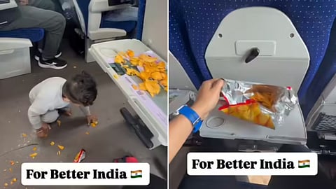 A father in Vande Bharat train taught his son civic sense by making him clean up his own mess.