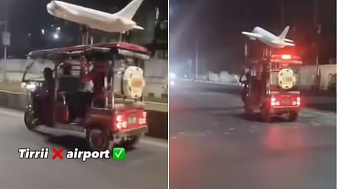 A video of an e-rickshaw carrying an airplane model on its roof goes viral online.