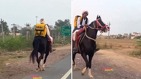 An elderly man riding a horse with a Blinkit bag in Rajasthan has gone viral.