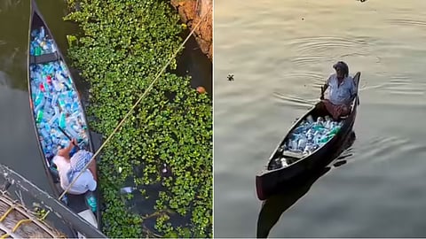 An elderly man cleaning plastic bottles in Alleppey backwaters has sparked a civic sense debate online.