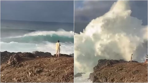 Tourists narrowly escaped death after a giant wave hit them while taking photos on a cliff in the Canary Islands.