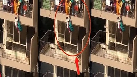 In Faridabad, a mother lowered her son from the eighth floor with a saree to retrieve fallen clothes.