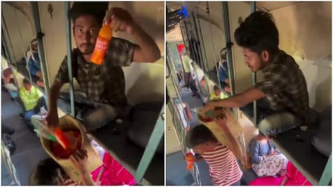 A viral video allegedly shows a train passenger taking snacks from vendors without paying, sparking outrage.