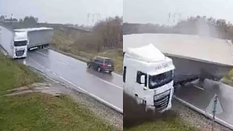 A viral video shows a truck losing balance and crushing a car, raising serious concerns about road safety.