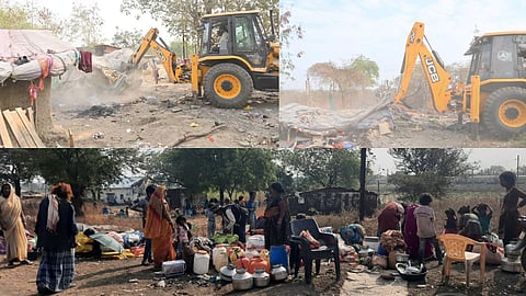 A joint team of Forest and Police departments demolished 82 houses on 3 hectares of forest land in Sindi Railway. The 30-year-old illegal 'Ladennagar' settlement was cleared.