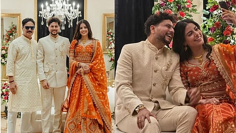 Kuldeep Yadav and Vanshika during the engagement in Lucknow on June Four and with coach Kapil Pandey