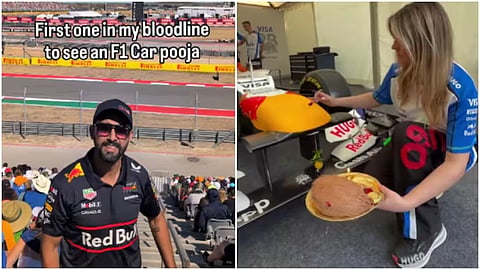 A viral video shows a Red Bull F1 car being blessed with a traditional Indian pooja ritual.