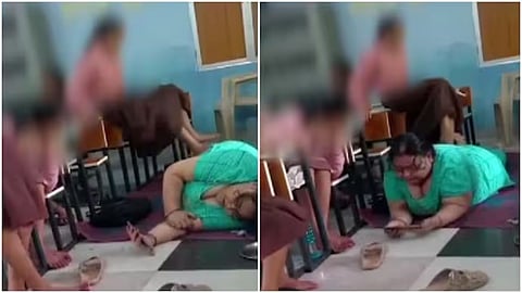 A viral video showing a UP primary school headmistress getting a massage from students has sparked outrage and prompted an official inquiry.