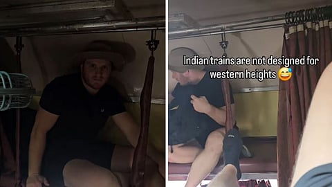 A tall foreign traveler struggled to fit into an Indian train’s 2AC berth.
