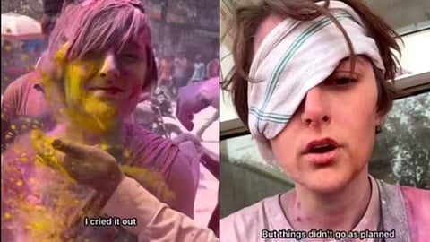 Austrian tourist claims stone-mixed color injured her eye during Holi in Vrindavan.