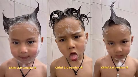 A kid making creative hairstyles in the bathroom is being called a “mini Chitti” online.