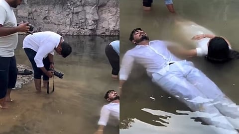 A couple’s muddy pond pre-wedding shoot goes viral, sparking funny reactions and debate online.