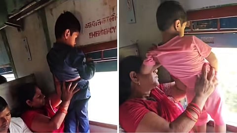 A viral video shows a woman making children urinate from a train window, sparking criticism online.