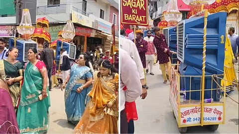 A unique cooler arrangement in a wedding procession in Dewas has gone viral, impressing the internet with its creative summer solution.
