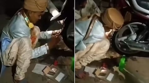 A groom stopped his wedding procession to help a man fix his bike, showcasing true humanity.