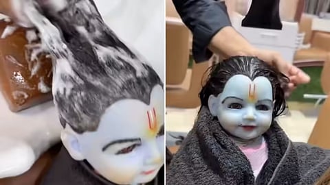 A viral video of a Krishna idol at a salon has sparked a debate on faith versus show online.