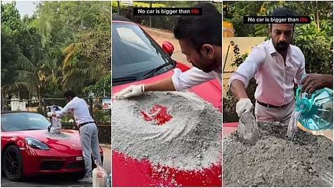 A viral video shows a man using a Porsche to fill a pothole, sparking debate online.