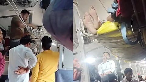 A man creates a makeshift seat with a rope in a crowded train coach, showcasing a unique jugaad.