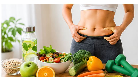 Belly fat reduction concept featuring nutritious food and fitness