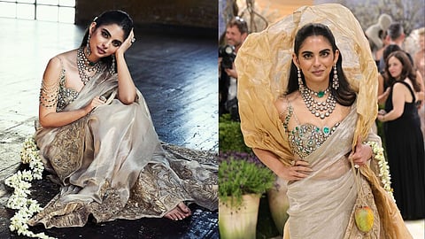 Isha Ambani saree look Met Gala 2026 diamond blouse mango purse Indian fashion
