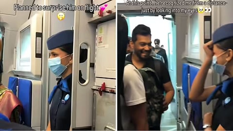 An IndiGo air hostess surprised her husband on a flight, and the heartwarming video went viral online.