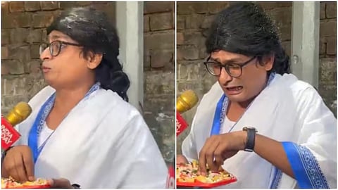 Influencer Ratan Ranjan dressed as Mamata Banerjee reached BJP office with jhalmuri, and the video went viral online.