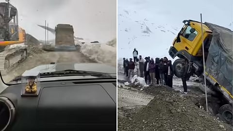 A road collapsed under a moving truck in Manali, while the driver behind stopped in time and avoided an accident.