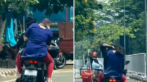 A viral video showing a man beating a woman while riding a bike has sparked outrage online.