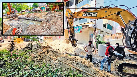 ramna maruti nagpur road dug up cement road builder drainage work
