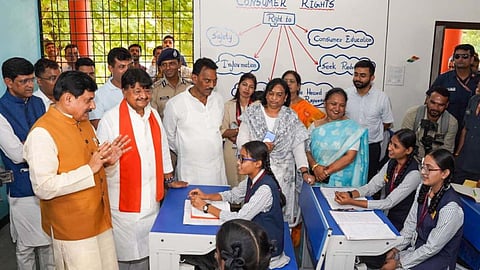 Chief Minister Mohan Yadav interacts with students and visits the modern astronomy lab at Government Sharda Girls Higher Secondary School in Indore under the School Chale Hum campaign.