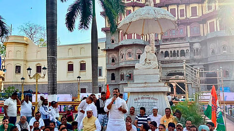 Congress leaders and workers stage a protest at Rajwada in Indore against the rejection of Rajya Sabha candidate Meenakshi Natarajan's nomination
