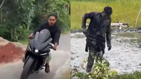 A biker trying to create a stylish video lost control and crashed into a field, prompting Bihar Police to share a road safety message.