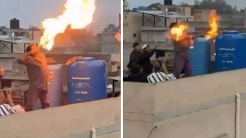 A man's face caught fire while performing a petrol-based fire stunt, and the incident has gone viral on social media.